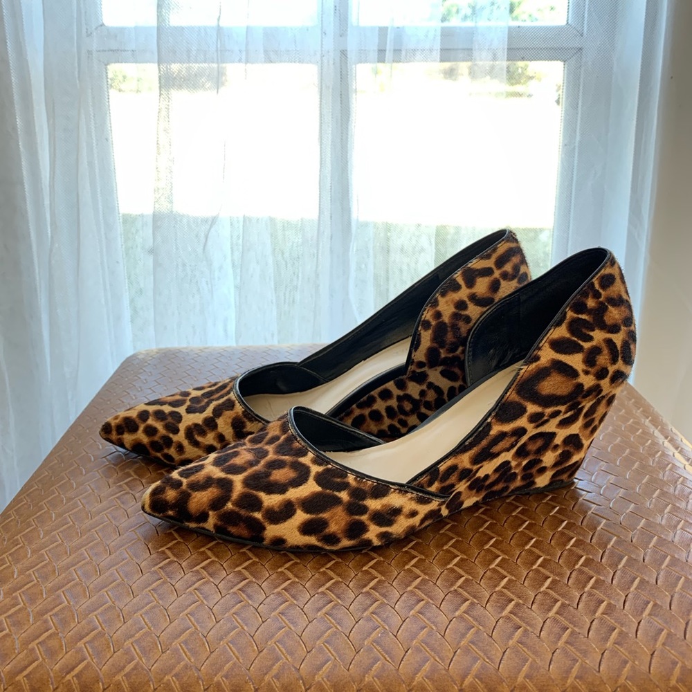 Kenneth Cole cheetah print ponyhair wedge pumps